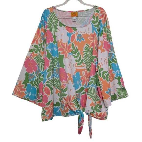Ruby Rd Floral Shirt Womens Size 2X Green Colorful Tropical Stretch Waist Tie - Picture 1 of 10